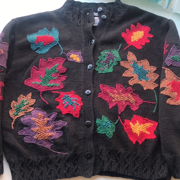 VINTAGE | Black Fall Leaves Hand Knit Grannycore Sweater Cardigan - Picture 3 of 13